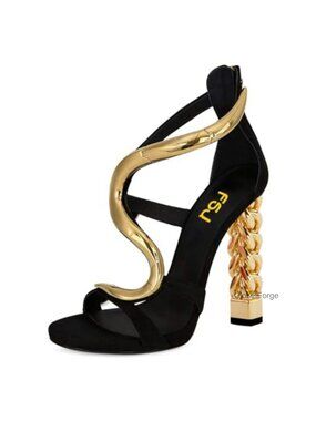 FSJ Women Flower Gold Metal Chain Chunky High Heels Ankle Strap Sandals Open